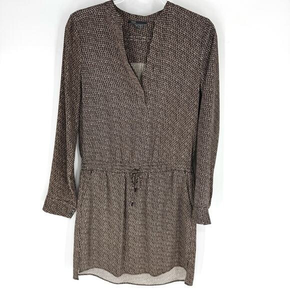 Vince Long-Sleeve Drop Waist Drawstring Silk Dress Black and Tan Pattern Size 6 - Picture 1 of 8